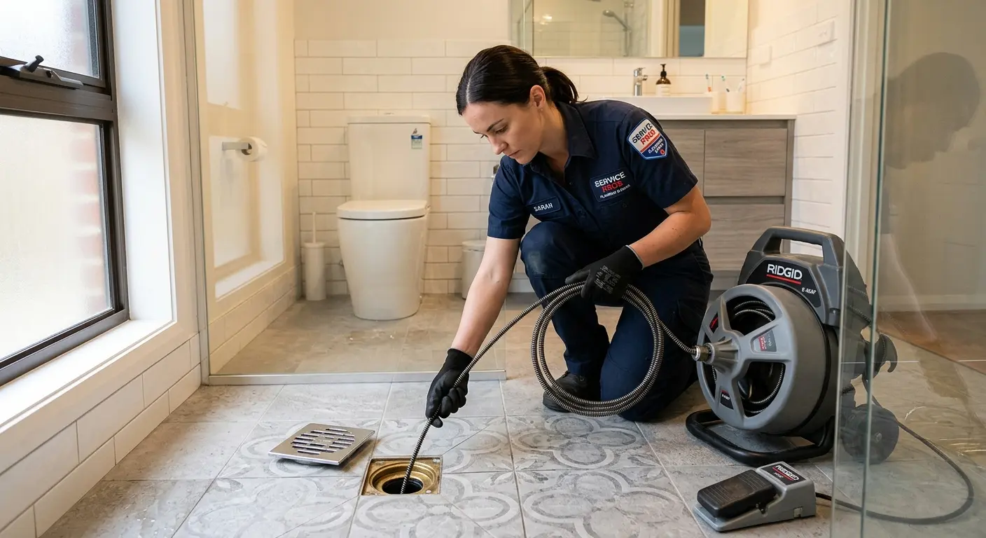Technician clearing a bathroom floor drain for Hydro Jetting in Waterford